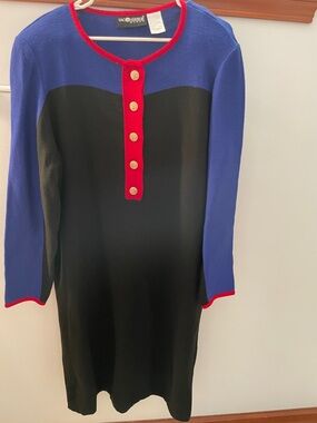 Vintage 90’s Color-block Sag Harbor Black Dress with Blue Shoulders and Red Trim